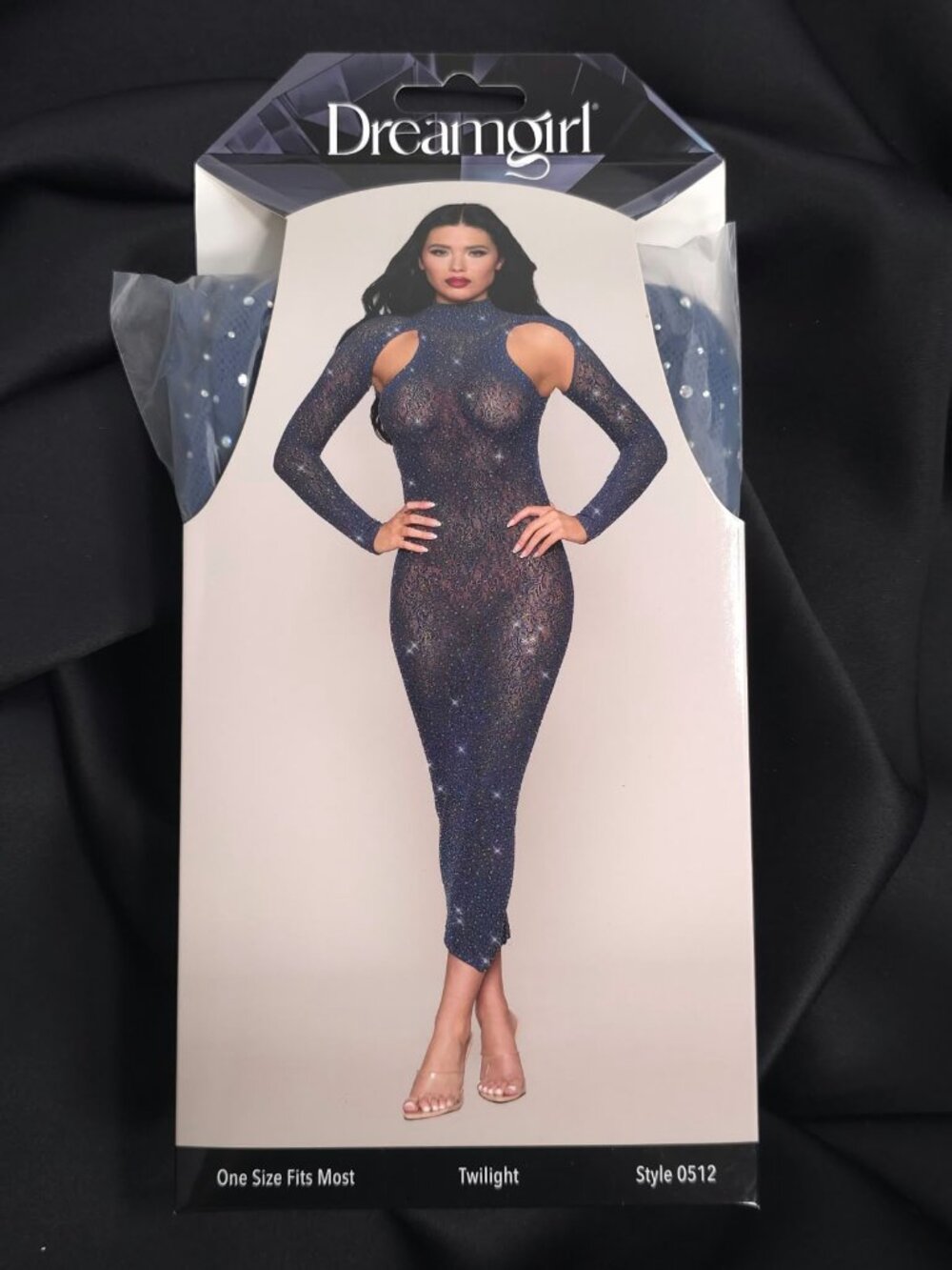 Dreamgirl Twilight Blue Rhinestone Lace Bodystocking Gown Long Sleeve One Size